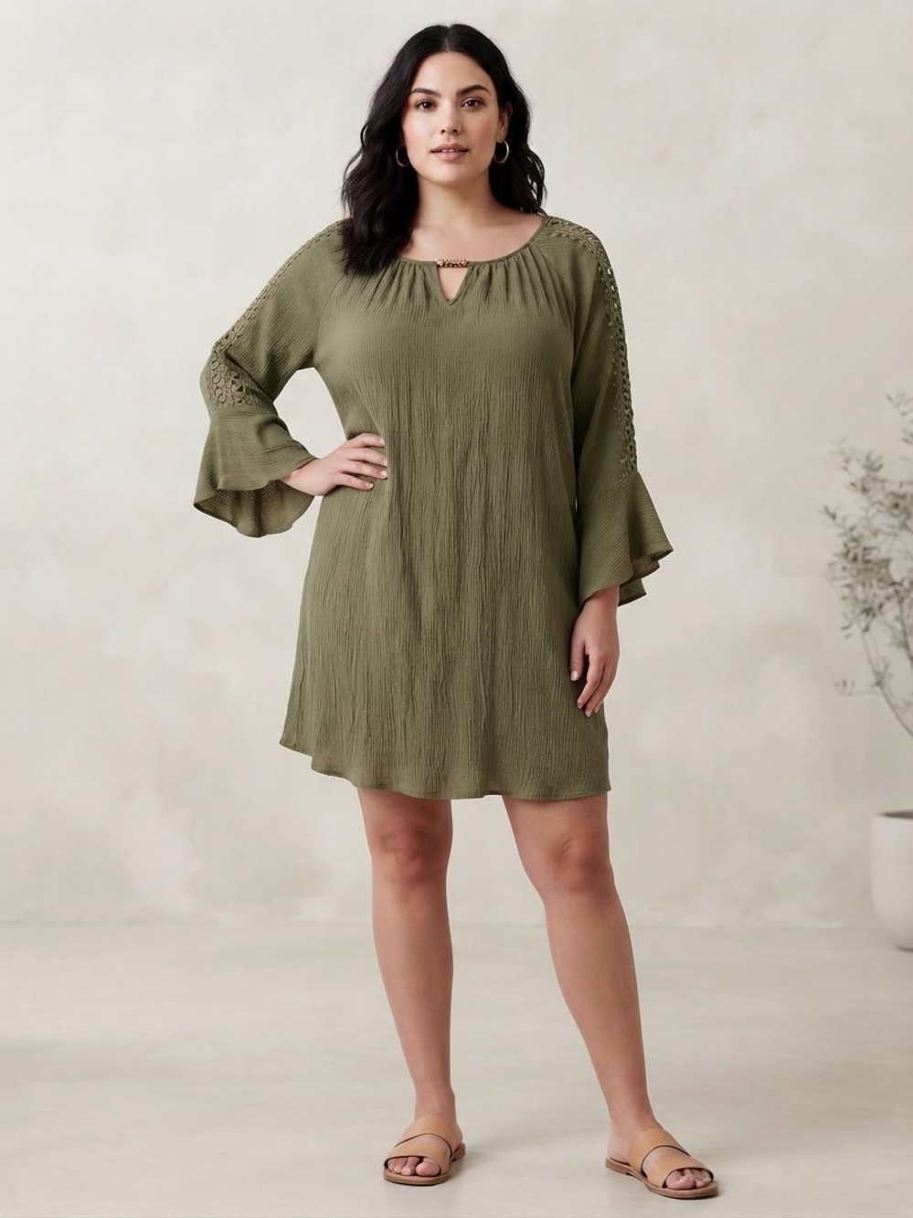 Olive Green Mini Dress with Crochet Sleeve Detail